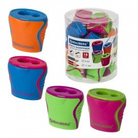 Точилка BRAUBERG "Mix Dual", 2 отверстия для чернографитных карандашей (в том числе утолщенных), с контейнером, корпус ассорти, 228449