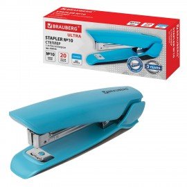 Степлер №10 BRAUBERG "ULTRA", до 20 листов, с антистеплером, голубой, 228755