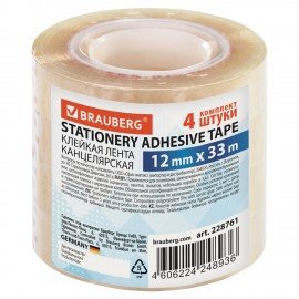 Клейкие ленты 12 мм х 33 м канцелярские BRAUBERG, КОМПЛЕКТ 4 шт., прозрачные, гарантированная длина, 228761