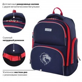 Рюкзак BRAUBERG CLASSIC, легкий каркас, премиум материал, "Lion", синий, 37х32х21 см, 228829