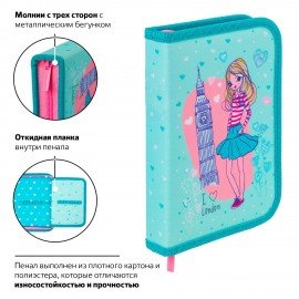 Пенал BRAUBERG, 1 отделение, 1 откидная планка, ткань, 20х14 см, "Girl", 229283