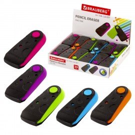 Ластик BRAUBERG "ULTRA COLOR", 57х24х15 мм, ассорти, черный пластиковый футляр, 229562