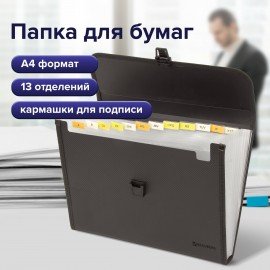 Папка для бумаг и документов с замком и 13 отделениями BRAUBERG "HIT", А4, пластик, черная, 229572