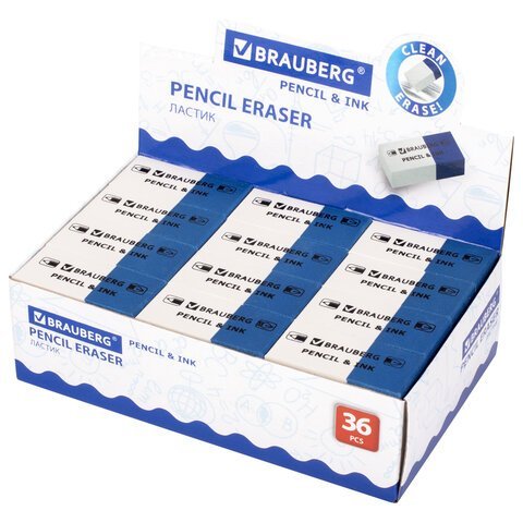 Ластик BRAUBERG "PENCIL & INK", 39х18х12 мм, для ручки и карандаша, бело-синий, 229578