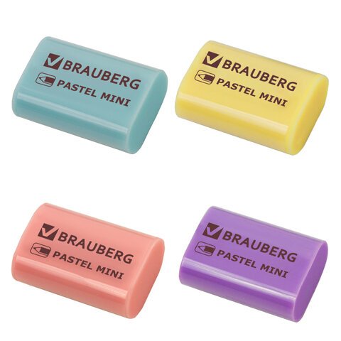 Ластик BRAUBERG "Pastel Mini", 27х18х10 мм, ассорти пастельных цветов, экологичный ПВХ, 229581