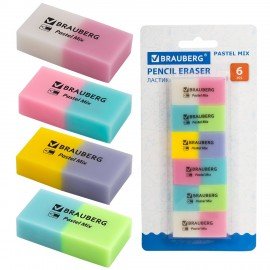 Набор ластиков BRAUBERG "Pastel Mix", 6 шт., цвета ассорти, 44х21х10 мм, экологичный ПВХ, 229597