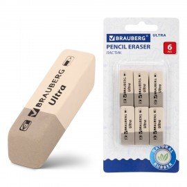 Ластики BRAUBERG "Ultra" 6 шт., размер ластика 41х14х8 мм, серо-белые, натуральный каучук, 229600