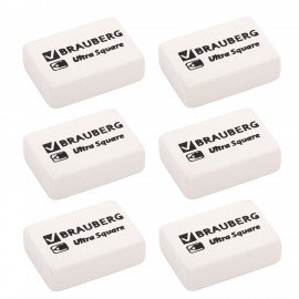 Ластики BRAUBERG "Ultra Square" 6 шт., размер ластика 29х18х8 мм, белые, натуральный каучук, 229603