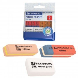 Ластики BRAUBERG "Ultra Mix" 9 шт., размер ластика 41х14х8 мм/29х18х8 мм, натуральный каучук, 229604