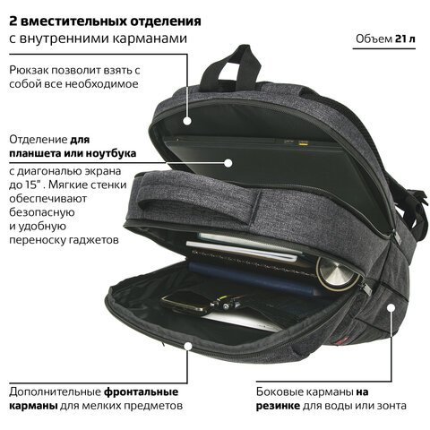 Рюкзак BRAUBERG URBAN универсальный, с отделением для ноутбука, "Houston", темно-серый, 45х31х15 см, 229895