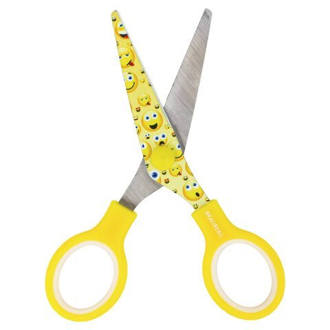 Ножницы 130 мм с цветной печатью "Смайлики", жёлто-белые, закругленные, BRAUBERG KIDS, 232274