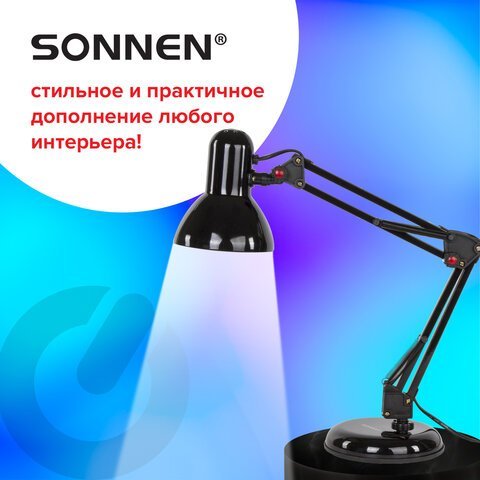 Настольная лампа-светильник SONNEN TL-007, подставка + струбцина, 40 Вт, Е27, черный, высота 60 см, 235540
