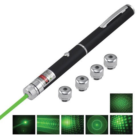 Указка лазерная, радиус 1000 м, зеленый луч, плюс 5 насадок, черный корпус, клип, футляр, GP-02