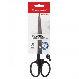 Ножницы BRAUBERG "Standard" 205 мм, черные, классической формы, 2-х сторонняя заточка, 237097