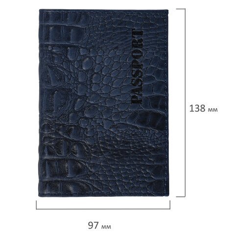 Обложка для паспорта натуральная кожа кайман, "PASSPORT", темно-синяя, BRAUBERG, 237196