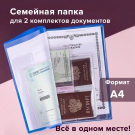 Папка для семейных документов с файлами (паспорта, свидетельства, полисы, СНИЛС) STAFF, 16 отделений, ПВХ, синяя, 237806