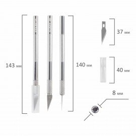 Нож макетный (скальпель) STAFF, 6 лезвий в комплекте, металлический корпус, блистер, 238258