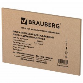 Доска пробковая для объявлений 60х90 см, деревянная рамка, BRAUBERG Wood, 238311