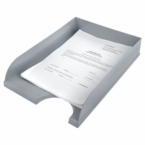 Лоток горизонтальный для бумаг BRAUBERG "Standard", 350х253х65 мм, серый, 238347