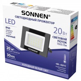 Прожектор светодиодный 20Вт, 6500К, 1600Лм, IP65, 122x84x26мм, черный, SONNEN, 238412