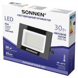 Прожектор светодиодный 30Вт, 6500К, 2400Лм, IP65, 146x98x26мм, черный, SONNEN, 238413