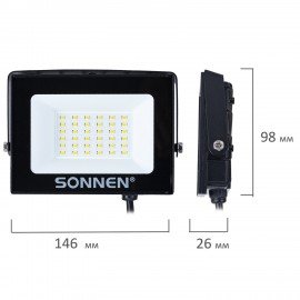 Прожектор светодиодный 30Вт, 6500К, 2400Лм, IP65, 146x98x26мм, черный, SONNEN, 238413