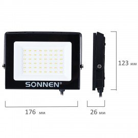 Прожектор светодиодный 50Вт, 6500К, 4000Лм, IP65, 176x123x26мм, черный, SONNEN, 238414