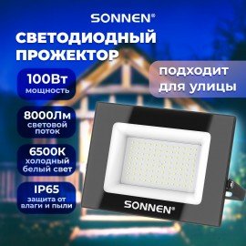 Прожектор светодиодный 100Вт, 6500К, 8000Лм, IP65, 250x178x27мм, черный, SONNEN, 238415