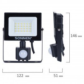 Прожектор светодиодный с датчиком движения 20Вт, 6500К, 1600Лм, IP65,122х146х51мм, черный, SONNEN, 238416