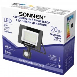 Прожектор светодиодный с датчиком движения 20Вт, 6500К, 1600Лм, IP65,122х146х51мм, черный, SONNEN, 238416