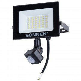 Прожектор светодиодный с датчиком движения 30Вт, 6500К, 2400Лм, IP65, 161х146х51мм, черный, SONNEN, 238417