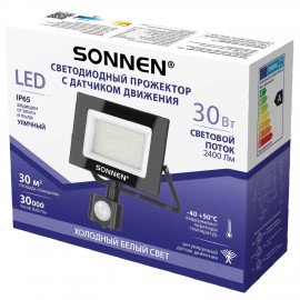 Прожектор светодиодный с датчиком движения 30Вт, 6500К, 2400Лм, IP65, 161х146х51мм, черный, SONNEN, 238417