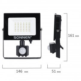 Прожектор светодиодный с датчиком движения 30Вт, 6500К, 2400Лм, IP65, 161х146х51мм, черный, SONNEN, 238417