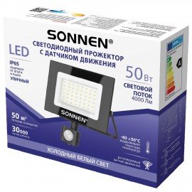 Прожектор светодиодный с датчиком движения 50Вт, 6500К, 4000Лм, IP65, 187х176х51мм, черный, SONNEN, 238418