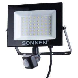 Прожектор светодиодный с датчиком движения 50Вт, 6500К, 4000Лм, IP65, 187х176х51мм, черный, SONNEN, 238418