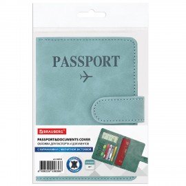 Обложка для паспорта и документов с защитой от считывания, 9 карманов, магнит, экокожа, бирюзовая, BRAUBERG, 238754