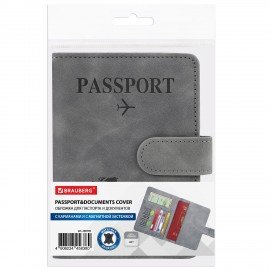 Обложка для паспорта и документов с защитой от считывания, 9 карманов, магнит, экокожа, серо-голубая, BRAUBERG, 238756