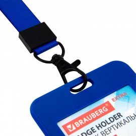 Бейдж вертикальный (85х54 мм), лента 45 см с карабином, СЛАЙДЕР, синий, BRAUBERG EXTRA, 238830