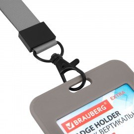 Бейдж вертикальный (85х54 мм), лента 45 см с карабином, СЛАЙДЕР, серый, BRAUBERG EXTRA, 238832
