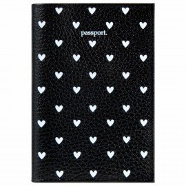 Обложка для паспорта натуральная кожа флоттер, принт "Сердечки", цвет черный, BRAUBERG, 238867