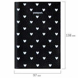 Обложка для паспорта натуральная кожа флоттер, принт "Сердечки", цвет черный, BRAUBERG, 238867