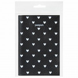 Обложка для паспорта натуральная кожа флоттер, принт "Сердечки", цвет черный, BRAUBERG, 238867