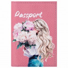 Обложка для паспорта натуральная кожа флоттер, принт "Девушка", цвет пудрово-розовый, BRAUBERG, 238868