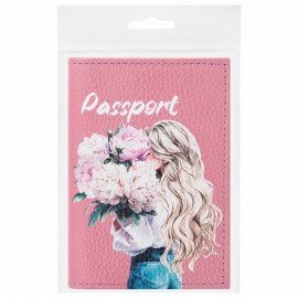 Обложка для паспорта натуральная кожа флоттер, принт "Девушка", цвет пудрово-розовый, BRAUBERG, 238868
