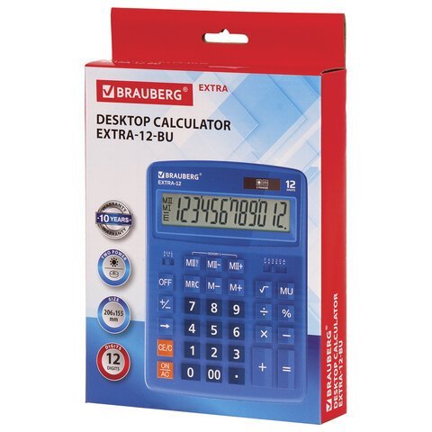 Калькулятор настольный BRAUBERG EXTRA-12-BU (206x155 мм), 12 разрядов, двойное питание, СИНИЙ, 250482