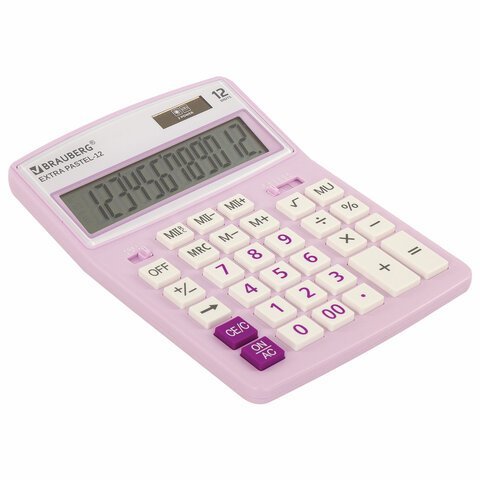 Калькулятор настольный BRAUBERG EXTRA PASTEL-12-PR (206x155 мм), 12 разрядов, двойное питание, СИРЕНЕВЫЙ, 250489
