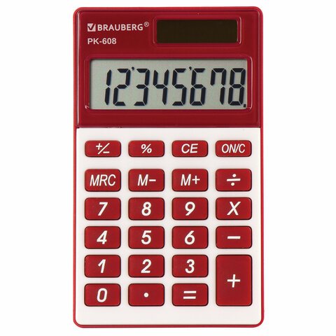 Калькулятор карманный BRAUBERG PK-608-WR (107x64 мм), 8 разрядов, двойное питание, БОРДОВЫЙ, 250521