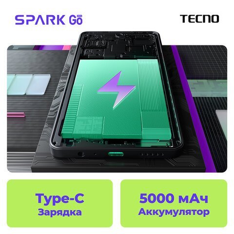 Смартфон TECNO SPARK GO, 2 SIM, 6,56", 4G, 13+2/5 Мп, 4/64 ГБ, черный, пластик, TCN-BG6.64.GRBK