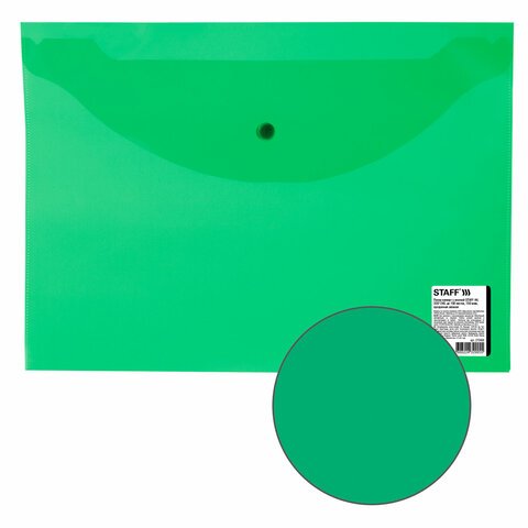 Папка-конверт с кнопкой STAFF, А4, до 100 листов, прозрачная, зеленая 0,15 мм, 270468