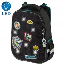 Ранец BRAUBERG PREMIUM, 2 отделения, с брелком, "Space mission", LED ЛАМПОЧКИ, 38х29х16 см, 270599